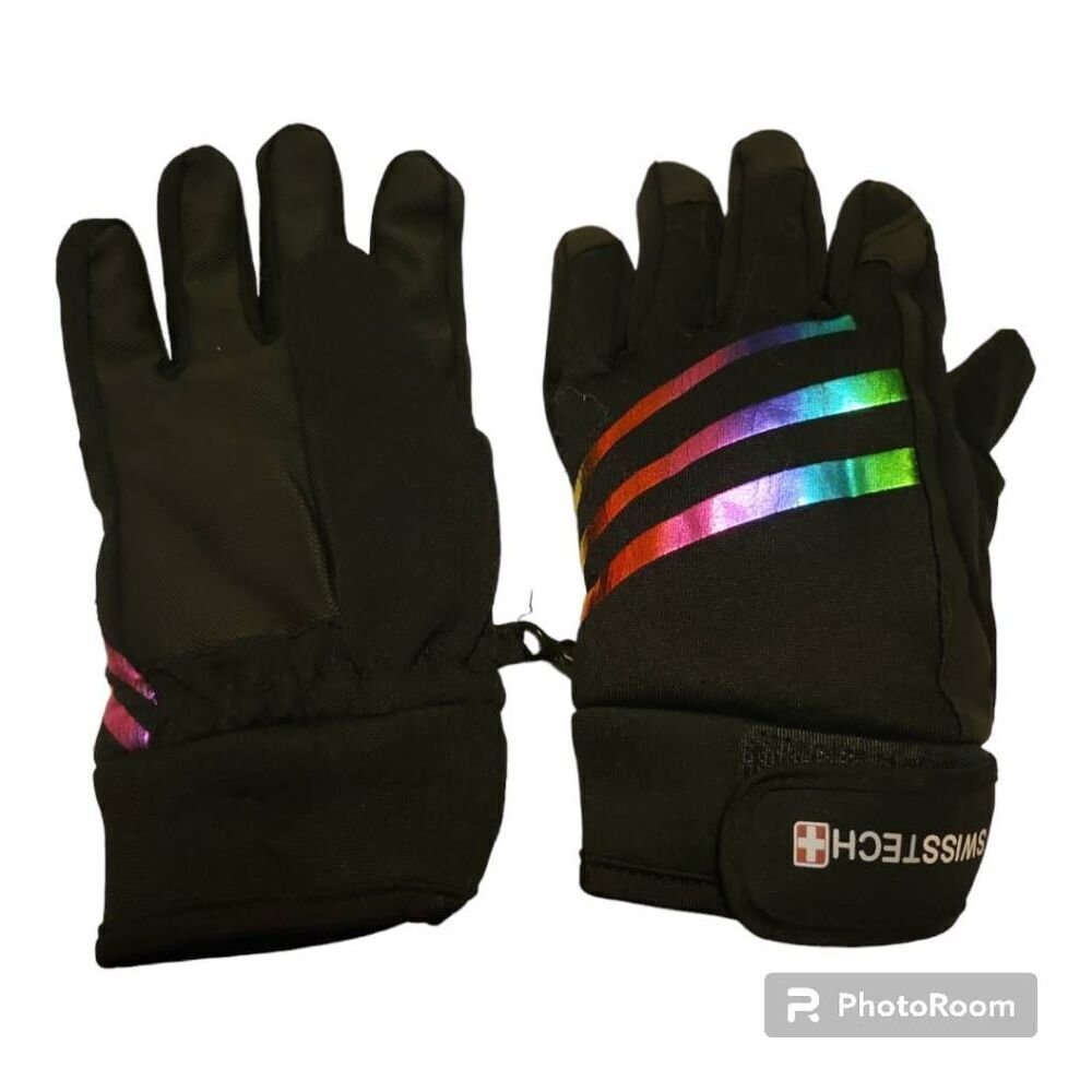 Swiss Tech Youth Water Resistant Black Ski Glove with Rainbow Foil Stripes, Rein